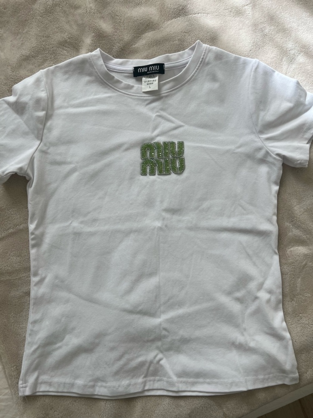 Miu Miu White Short Sleeve Tee with Green Embellished Logo